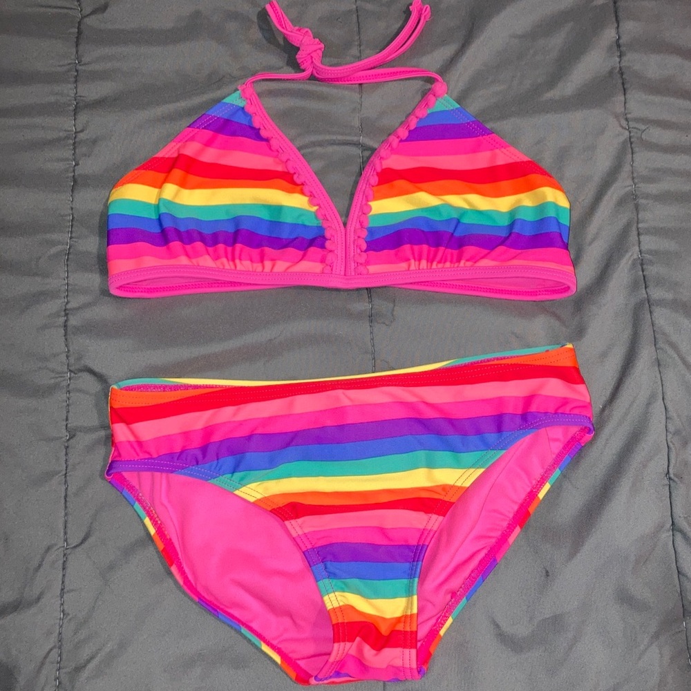 Multicolor girls two piece swim suit large rainbow pom Poms